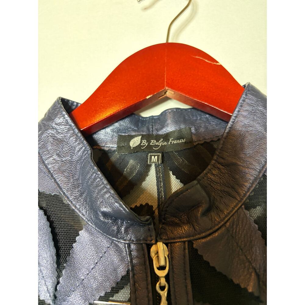 By Belgin Francis Navy blue Leather Leaf Jacket sz M - Picture 3 of 9